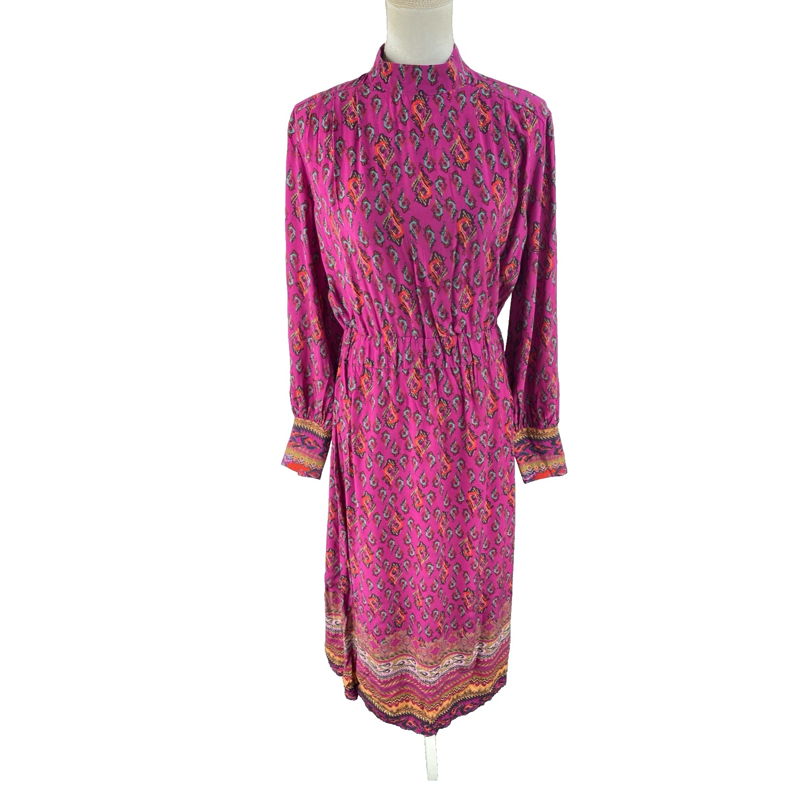 Ivko Womens 40 / L Ornament Motif Midi Dress Boho Printed Balloon Sleeve